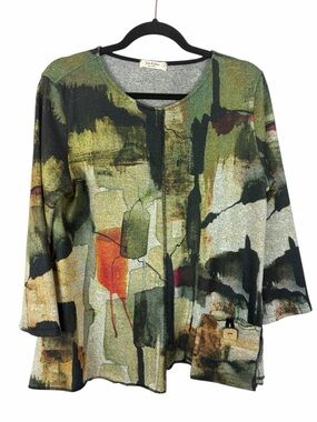 Jess & Jane Abstract Patchwork Knit Top Front Pocket Long Sleeve Large
